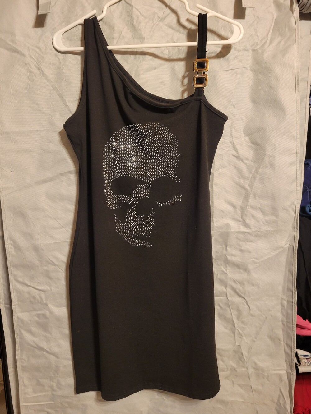 Black One-Shoulder Dress with Rhinestone Skull